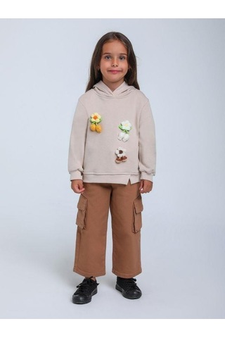 Kız Çocuk Çiçek Örgü Detaylı Kapüşonlu Sweatshirt-14306 Bej