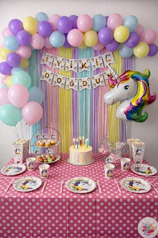 Unicorn Doğum Günü Elite Set Makaron Balon Seti 130 Parça + Unicorn Banner + Unicorn Balon Çok Renkli