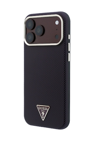 Apple iPhone Uyumlu 18 Pro Kılıf Guess Lisanslı M-safeli Pu Metal Üçgen Logolu Karbon Fiber Kevlar Kapak Bordo