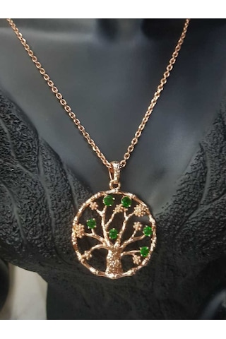Vog Çelik Xuping Yeşil Zirkon Taşlı Rose Renk Hayat Ağacı Sevgiliye,anneye,arkadaşa Hediye Kolye Rose Gold