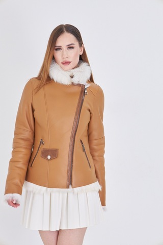 M M Marki Marki Kadın Hakiki Toskana Kürk Mont Taba, Fit Kesim, Fermuarlı, 63 Cm, Kışlık, Lüx Deri Mont - 112122