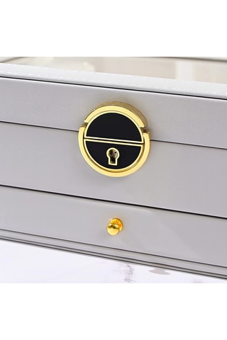 Dışı Deri İçi Kadife Kilitli Çekmeceli Takı Bijuteri Mücevher Kutusu Organizer Düzenleyici Gri İthal