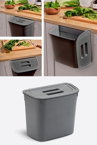 Flosoft Dolap İçi Kapaklı Asılabilir Çöp Kovası, Dolap Kapağı Askılı Çöp Kutusu Füme 7 Litre Füme
