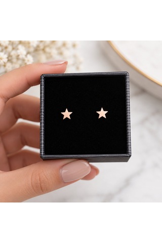 925 Ayar Gümüş Rose Gold Minimal Yıldız Tasarımlı Kadın Küpe Gümüş - Pembe