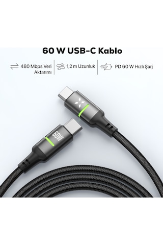 Xenon Smart Type C Hızlı Şarj Kablosu Type-c To Type-c, 60w, 480 Mbps, 1.2m, Pd, Örgü, Led Gösterge X6421