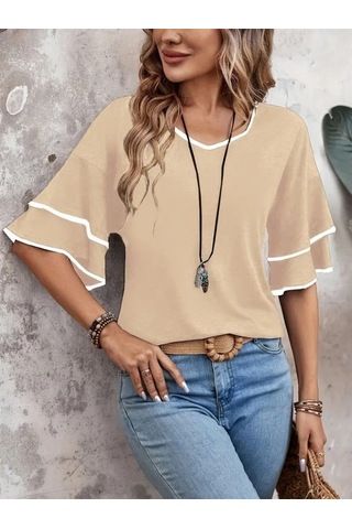 Modasize Kadın Kısa Kollu V Yakalı Viskon Bluz Bej