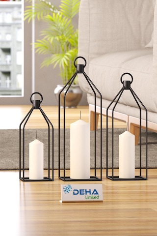 Metal Kafes 3 Lü Set Mumluk Fener Dekoratif Mumluk Ferforje Şamdan Siyah