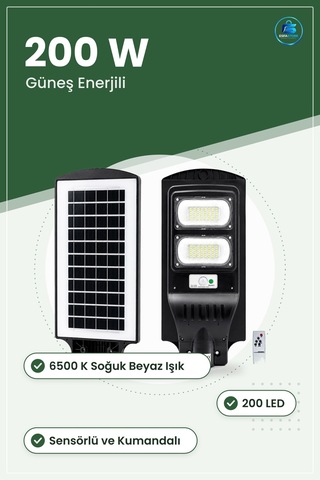 Solar Sokak Lambası 200 W K Sensörlü Kumandalı Güneş Enerjili Led