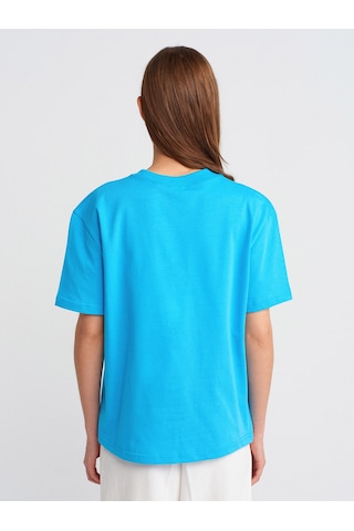 Dilvin 30312 Dekoratif Dikişli Bisiklet Yaka Tshirt-turkuaz Turkuaz