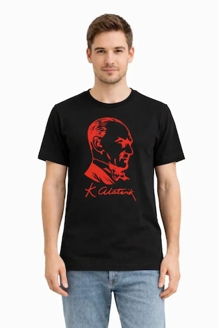 De'charme Erkek Atatürk Baskılı Tişört Kısa Kollu Bisiklet Yaka T-shirt - Siyah