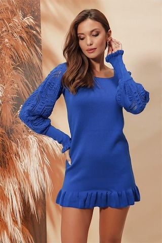 Aqe Fashion Kol Dantel Detaylı U Yaka Eteği Fırfırlı Saks Mavi Elbise Saks Mavi