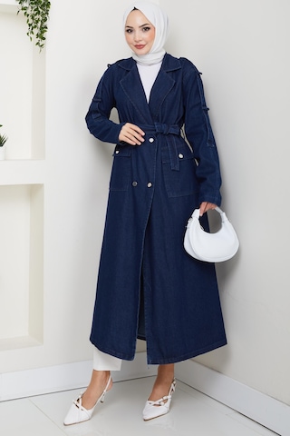Hb Harma Time Butik Kadın Cepli Kuşaklı Denim Lacivert Trençkot