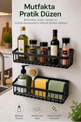 2'li Yapışkan Askılı Banyo Ve Mutfak Organizer Sepeti - Delmeden Montaj Duvar Rafı - Su Tahliyeli Plastik Düzenleyici Sepet - Şampuan, Baharat Ve Temizlik Ürünleri İçin