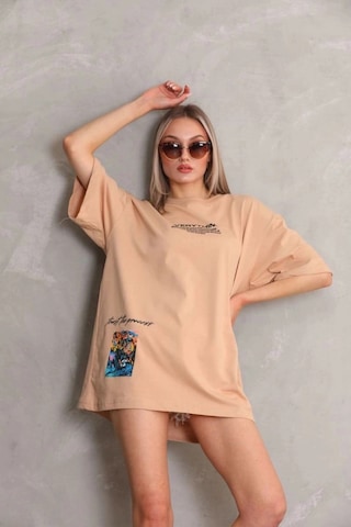 Freedom Storee Kadın Bisiklet Yaka Baskılı Oversize Kısa Kol T-shirt - Bej Çok Renkli