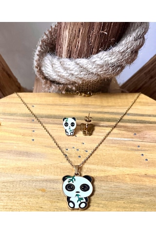 Şaşkın Panda Mineli Altın Renk Çelik Çocuk Küpe Kolye Set