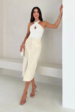 Paralel Taşlı Yırtmaçlı Denim Etek Beyaz Beyaz