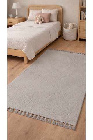 By Özer Halı Gri Renk Modern Makinede Yıkanabilir Kaymaz Taban Saçaklı Halı Çok Renkli
