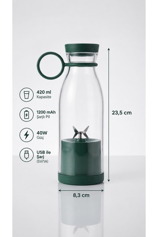 Taşınabilir Şarjlı Blender 420 Ml 40w Usb Şarjlı Smoothie Ve Meyve Suyu Blenderi Yeşil