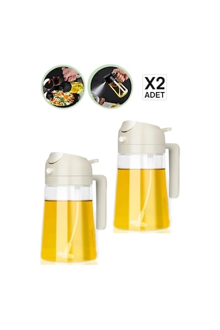 2 Adet Çift Fonksiyonlu Cam Yağdanlık 550ml Zeytinyağı Sıvıyağ Şişe Sprey Airfryer Yağlık Sirkelik - Krem