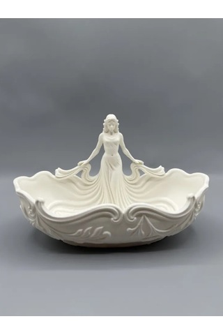 Art Nouveau Tasarım Heykelcikli Seramik Takı Tepsisi Açık Beyaz