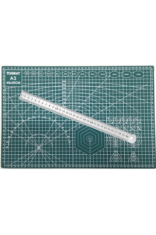 Tograt A3 Kesme Matı Patchwork - Çift Taraflı Kesim Altlığı - 42x30cm + 30cm Çelik Cetvel