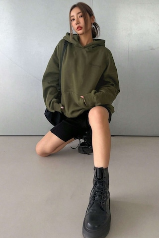 Harmandar Üç İplik Courageous Baskılı Kadın Çimen Kanguru Cepli Kapüşonlu Sweatshirt Hoodie Çimen