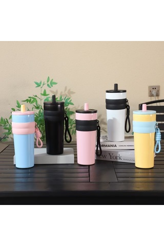 Yuntech01 316 Paslanmaz Çelik Seyahat Bardak, İçecek İçin Pipetli, Taşınabilir Askı Koluyla, Modern Tasarım Siyah