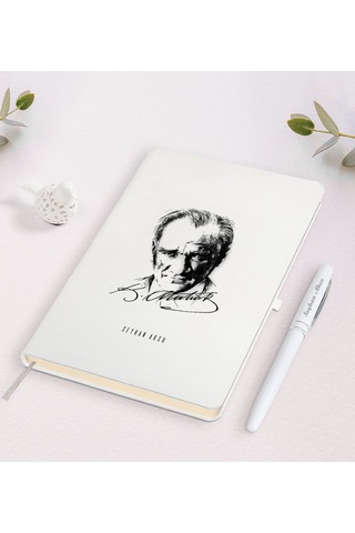 Kişiye Özel Atatürk Temalı Beyaz Defter ve Kalem Seti-18 Beyaz