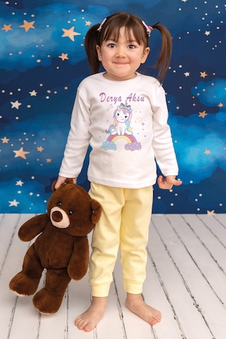 Pia Baby İsimli Kız Çocuk Pijama Takımı %100 Pamuk Penye İsme Özel Baskılı Kişiselleştirilebilir Pijama Seti 20466s14pi Krem