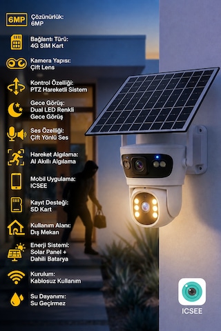 Baff 6mp 4g Sım Kartlı Solar Güvenlik Kamerası Çift Lens Ptz Renkli Gece Görüşlü + 96gb Sım Kart Ve 64gb Hafıza Kartı Dahil