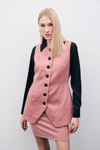 Sateen Düğmeli Uzun Süet Yelek - Pudra-135509 Pudra
