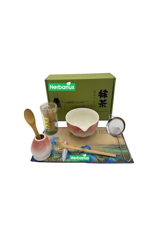 Herbarius 8 Parça Beyaz Geçişli Pudra Pembe Renk Matcha Çayı Hazırlama Seti - Geleneksel Japon Matcha Seti Pembe - Beyaz