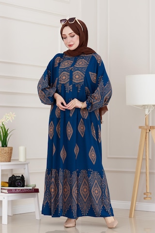 Sevitli Yarım Düğmeli Robalı Hira Elbise-indigo-4939 İndigo