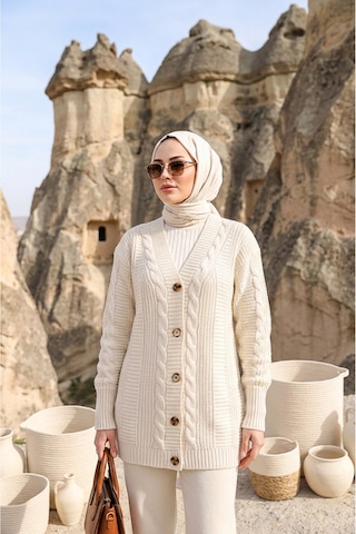 Sayzen Your Shine Trend Saç Örgülü Düğmeli Tunik Hırka Ekru