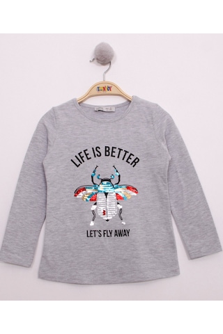 Toontoy Kids Toontoy Kız Çocuk Pullu Uğur Böceği Nakışlı T-shirt Gri Melanj
