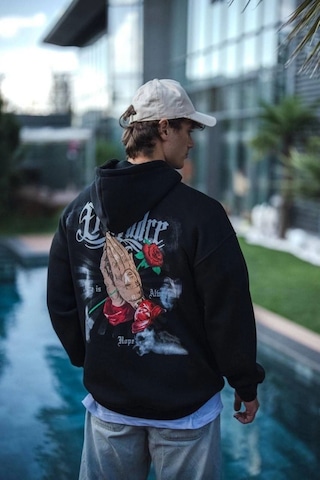 Veraura Lifestyle Üç İplik Penye Kapşonlu Baskılı Sweatshirt - Siyah