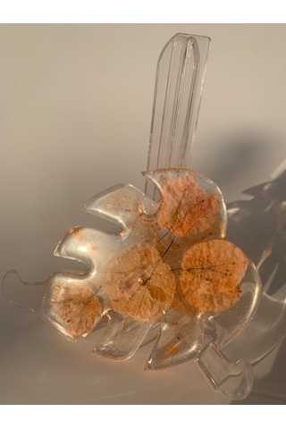 Turuncu Renk Begonvil Süslü Yaprak Desen Epoksi Bardak Altlığı Şeffaf