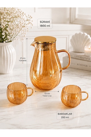 Qerhome Isıya Dayanıklı Amber Borosilikat Cam Sürahi Seti-1800 Ml Sürahi 2 Adet Kulplu Bardak Takımı Dr