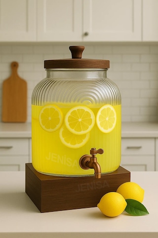 6 Litre Ahşap Standlı Musluklu Cam Şerbetlik Sebil Limonatalık İçecek Dispenseri Şeffaf
