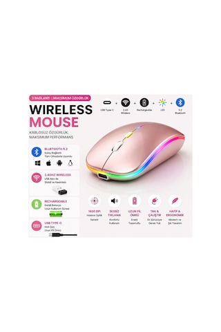 Jng-5013m Kablosuz Şarjlı Mouse Çift Modlu Bluetooth Ve 2.4 Ghz Usb Wireless Rgb Led Işıklı Telefon Tablet Bilgisayar Uyumlu 1600 Dpi Sessiz Click Mouse Diğer