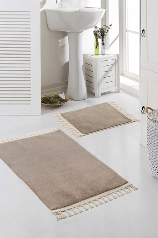 Vl Yıkanabilir Premium Ponpon Saçaklı Kaymaz Taban Post Peluş Banyo Paspası 2'li Takım Antrasit Kahverengi