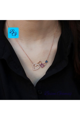 Renkli Zirkon Taşlı Rose Kalpler Kolye Rose - Gold -  Gümüş
