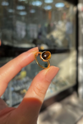 Gümüş 10x8 Mm Kaplan Gözü Taşlı Altın Kaplama Yüzük Diğer