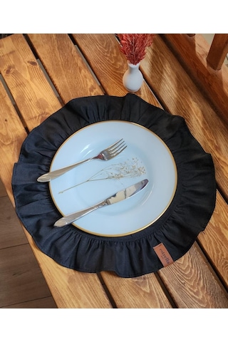 Lizbon Keten Yuvarlak Fırfırlı 2 Li Vintage Amerikan Servis Siyah 40x40