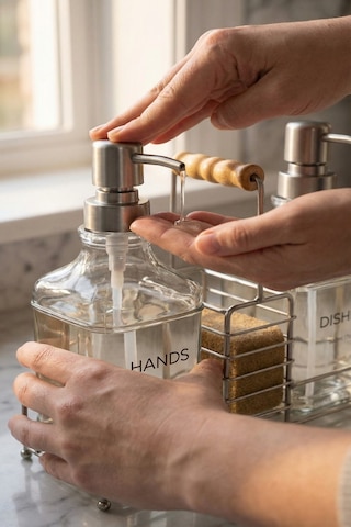 Makri Home Lüks Cam Ikili Sıvı Sabunluk & Deterjanlık Seti-500 Ml Cam Sabunluk, Bambu Kulplu Metal Stantlı Siyah