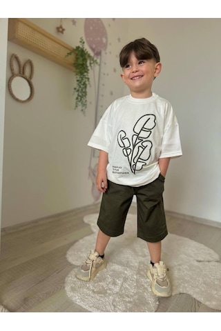 Miniko Kids Erkek Çocuk Keten Şortlu Cep Modelli Pamuk Şortlu Takım Yeşil