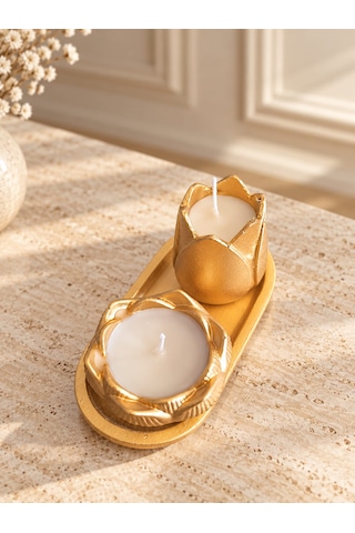Altın Renk Lale Ve Lotus Çiçeği Mumluk Seti, 2 Li Dekoratif Polyester Mumluk Ve Oval Tepsi
