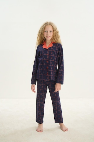 Sevim Kız Çocuk Uzun Kol Gömlek Yaka Önden Düğmeli Lacivert Pijama Takım C0t1n7o8 001
