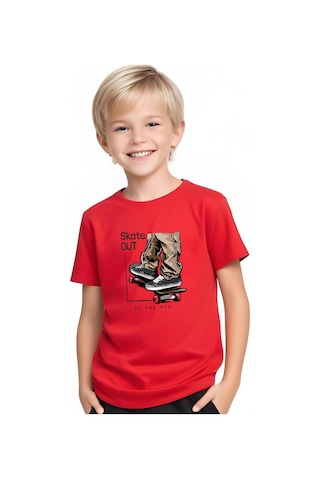 Fyk Kids Erkek Çocuk Yuvarlak Yaka Skate Out Baskılı T-shirt Kırmızı