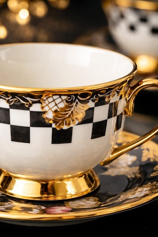 Porselen Gold Ayaklı Renkli Tombul Dama Desenli 6 Lı Türk Kahve Fincan Takımı-balsa Fincan Takımı Sarı - Çok Renkli